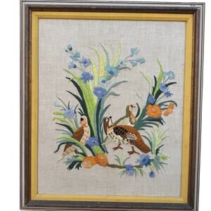 Vintage Crewel 20" x 24" Pheasants FRAME NOT INCLUDED Some Missing Threads